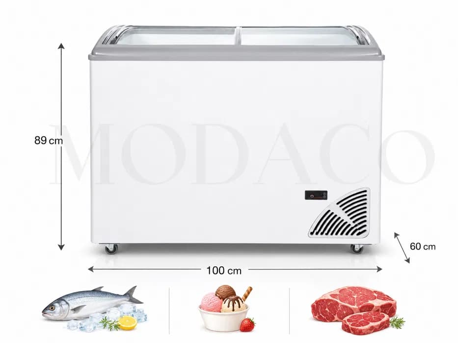 Ladă Frigorifică Orizontală Congelare 100 cm, -18/-22°C, Capac Sticlă Glisant, Roți, Reconditionată 100% Funcțională – Ideală Restaurant, Fast-Food, Măcelărie